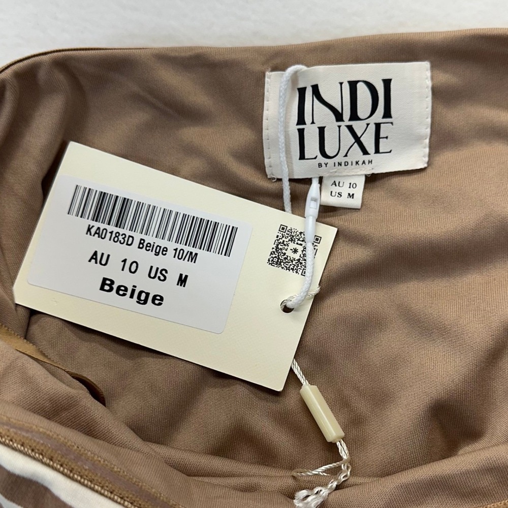Indie Luxe Mini Dress Women Tan White Striped Strapless Bubble Hem Drop Waist - Picture 6 of 6
